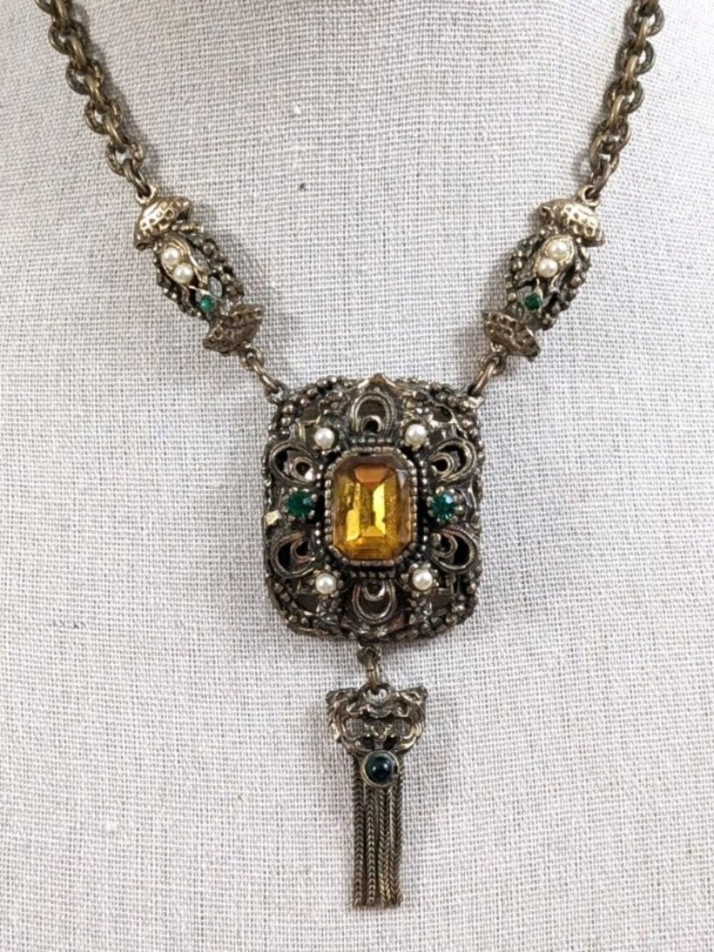 Vintage Large Intricate Tassel Necklace Victorian Revival Amber Rhinestone